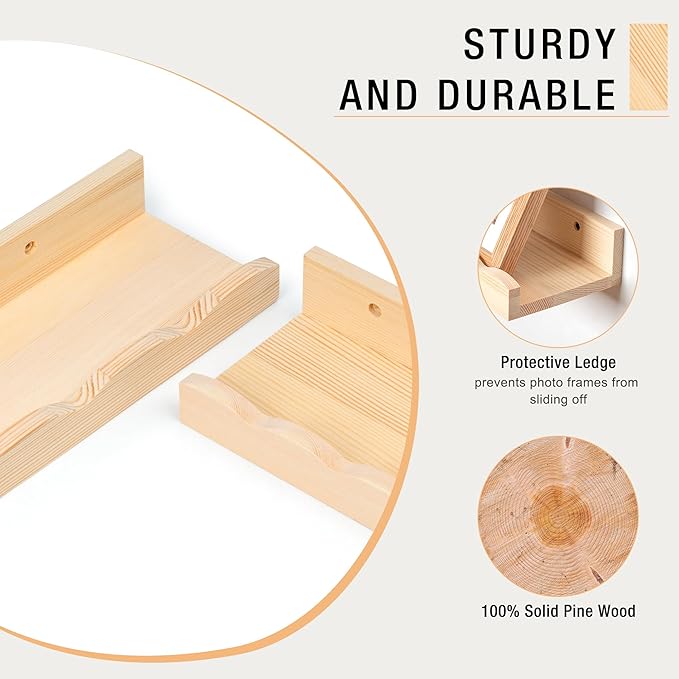 Fun Memories Picture Ledge Shelf for Wall, 24 inch Pine Wood Nursery Book Shelves Set of 2- Wall Book Shelves for Kids Room, Home Decor - Kitchen Spice-Natural.