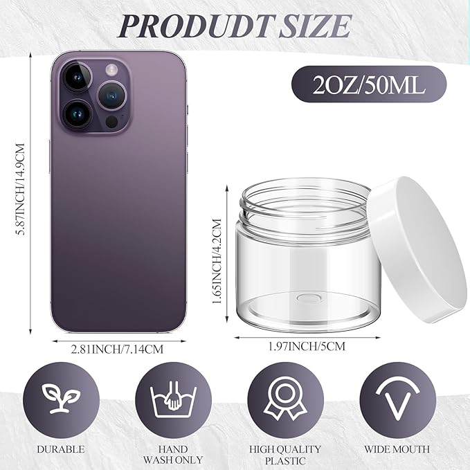 SATINIOR 36 Pieces 2 oz Plastic Jars with Lids Wide Mouth Airtight Reusable Container Acrylic Cosmetic Small Jars for Lotions Ointments Travel Toiletries Creams Make up Storage(White)