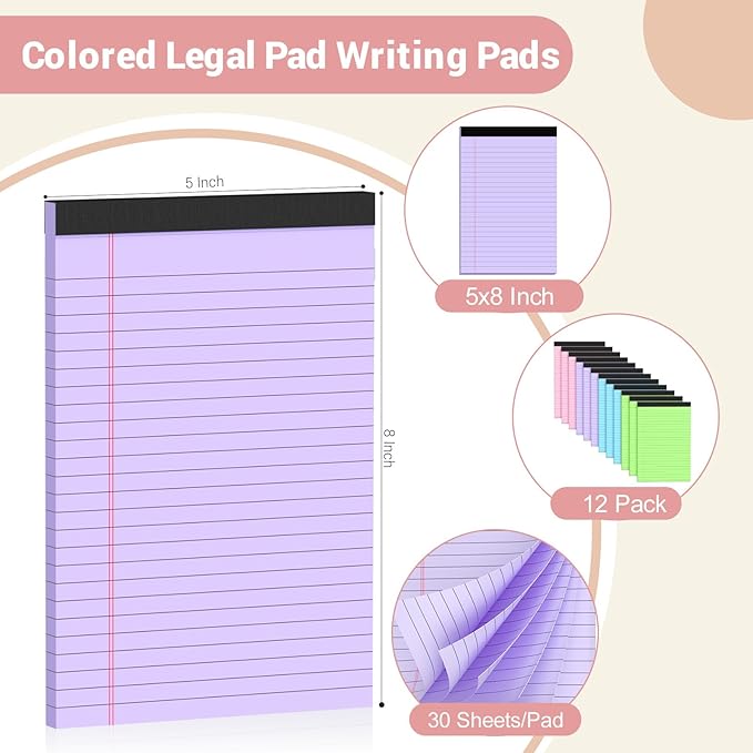 Legal Pads 5x8 Colored Note Pads, 12 Pack College Ruled Notepads 5x8 Lined Paper, Colored Notebook Paper Writing Pads 30 Sheets per Colored Paper Small Legal Pads 5x8 for Home Office School Supplies