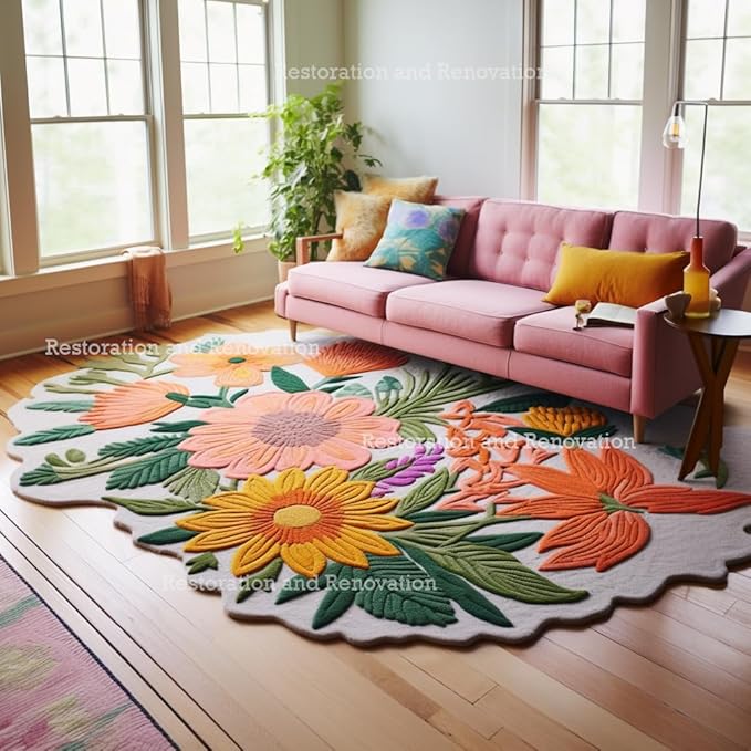 Handmade Wool Floral Area Rug for Living Room | Elegant Flower Garden Design, Soft, Thick and Durable | Bedroom, Dining Room & Home Decor Carpet (5' Round, Floral G)