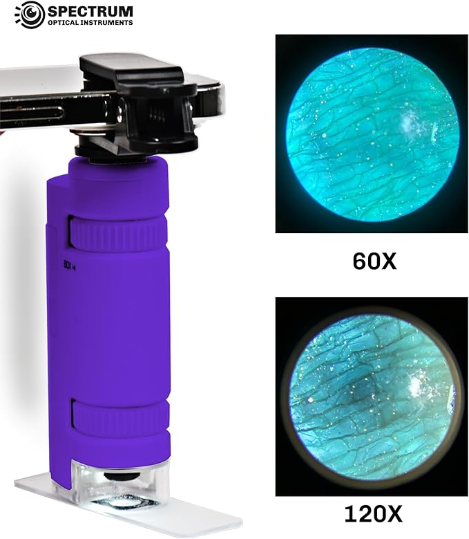 EasyMicro LED Lighted Pocket Microscope 60-120X Magnification Purple Color