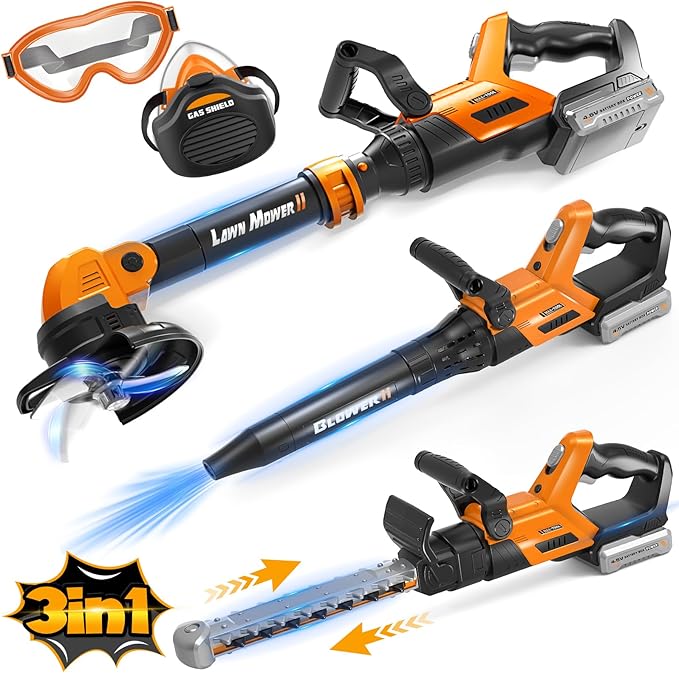 3-IN-1 Kids Garden Tools with Lights and Sounds, Weed Wacker Toy, Leaf Blower Toy, and Hedge Trimmer, Yard Tools Outdoor toys for Boys Pretend Role Play, Christmas Birthday Gifts for Kids 3,4,5,6,7,8+