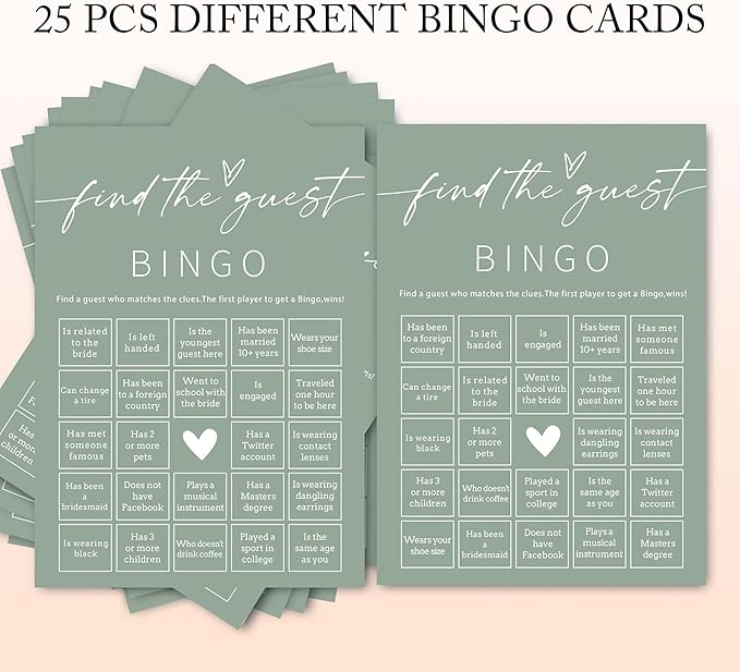 Bridal Shower Games Cards, 25Pcs Prefilled Find The Guest Bingo Game Cards, Engagement Party Games for Guests, Minimalist Green Wedding Party Supplies - C19