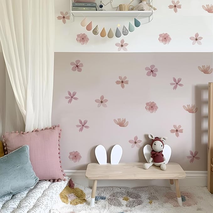 YouRfocus Daisy Wall Decals | 72 PCS Boho Flower Stickers for Girls' Rooms, Playrooms, and Nurseries | Dual Layer Print for High Coverage | Removable Peel and Stick Wall Decor (Pink-A) | 12 Sheets