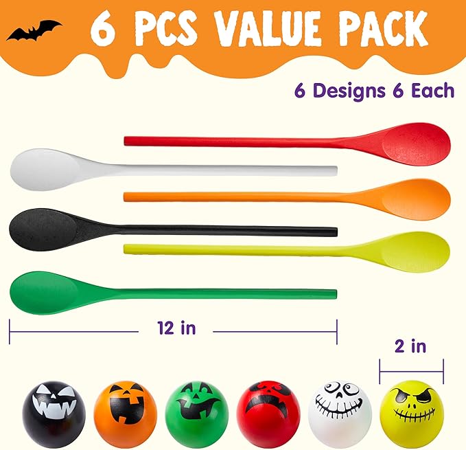 JOYIN 6 Pcs Halloween Egg and Spoon Race Game Set; Eyeballs and Spoons with Assorted Colors for Kids Adults Halloween Outdoor Fun Games, Party Favor Supplies, Classroom Activities