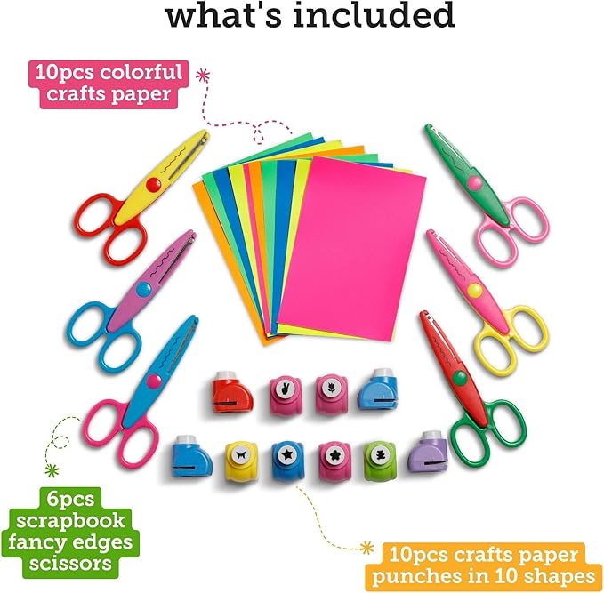 Incraftables Craft Scissors with Decorative Edge – 26 Piece Crafting Set - 6 Scissors with Fun Decorative Edge - 10 Paper Hole Punch Shapes & 10 Colorful Pieces of Paper