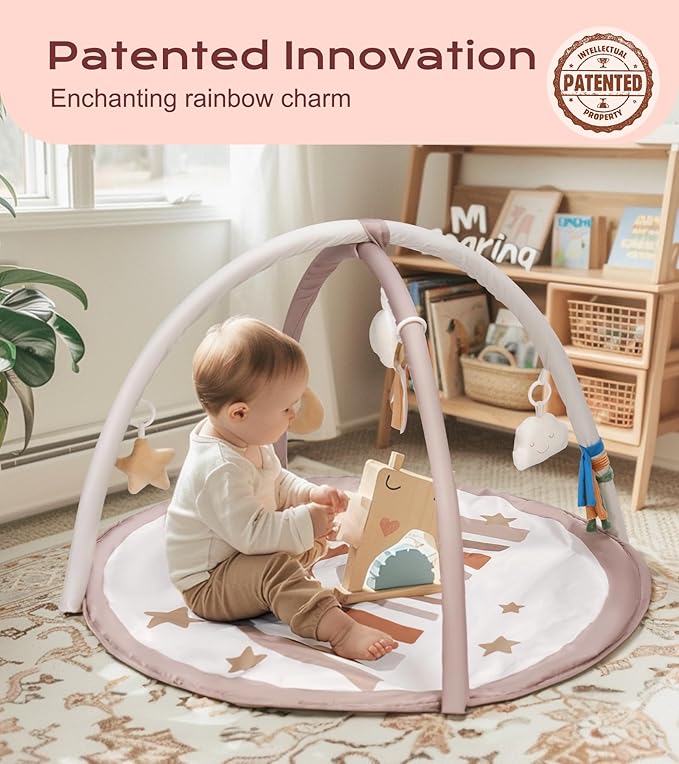 Baby Play Gym Mat, Tummy Time Activity Mat with 7 Detachable Toys and 12 Milestone Cards for Stage-Based Sensory and Motor Skill Development, Washable Play Mats for Infant, Newborn Baby Essentials