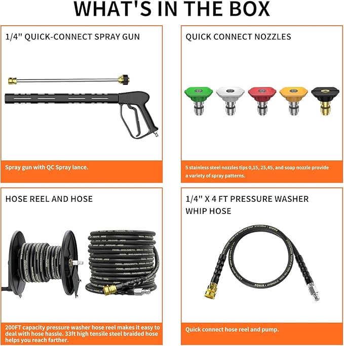 3600PSI Gas Pressure Washer with Hose Reel, One-Button Start 212cc 7HP 4-Cycle Engine, 3.3 GPM Heavy Duty Power Washer with 50FT 3/8" Hose, Spray Gun & Wand, 5 Quick Connect Nozzles