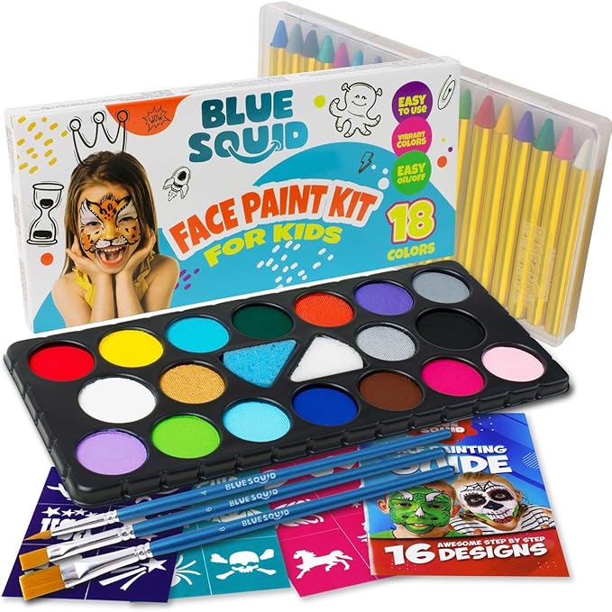 Blue Squid Body Crayon Sticks & Face Paint Kit Bundle - 18 XL Crayons & Markers for Skin & 18-color Face Painting Kit for Kids with 24x Stencils, Brushes, and Design Book, Ideal for Toddlers & Parties