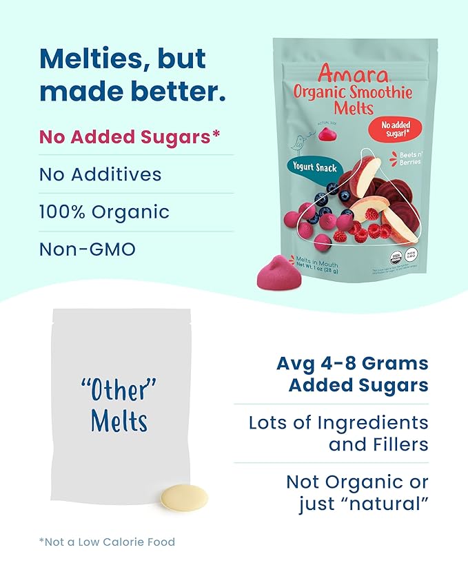 Amara Smoothie Melts - Beets n' Berries - Baby Snacks Made With Fruits and Vegetables - Healthy Toddler Snacks For Your Kids Lunch Box - Organic Yogurt Melts - 6 Resealable Bags