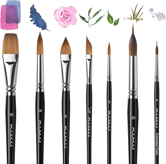 Watercolor Brush Set, Fuumuui 7pcs Professional Sable Paint Brushes with Extended Needle, Round Point, Flat, Dagger, Cat's Tongue for Watercolor, Acrylic, Gouache – Detail & Wash Painting