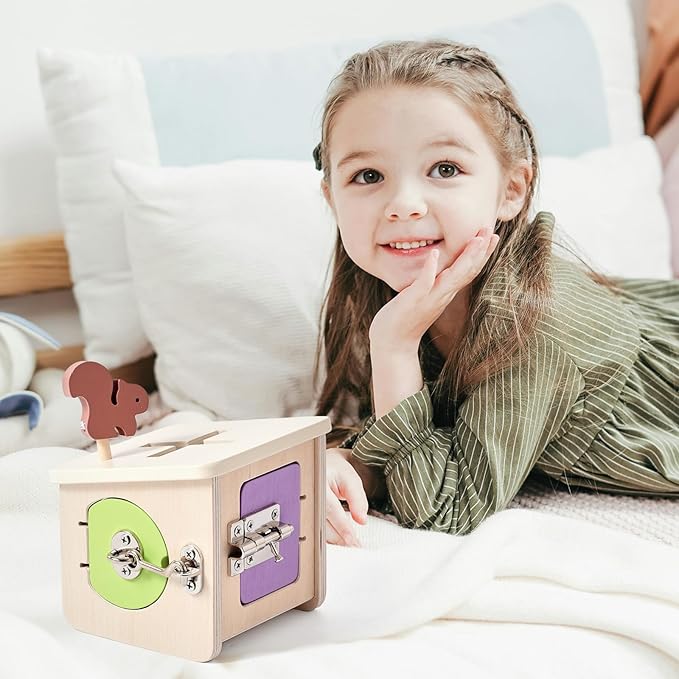 Wooden Lock Box STEM Learning Toys for Kids - Montessori Puzzle Cube with 3 Types of Locks (Hook/Chain/Sliding Bolt), Shape Sorting - Early Educational Fine Motor Skills for Boys & Girls
