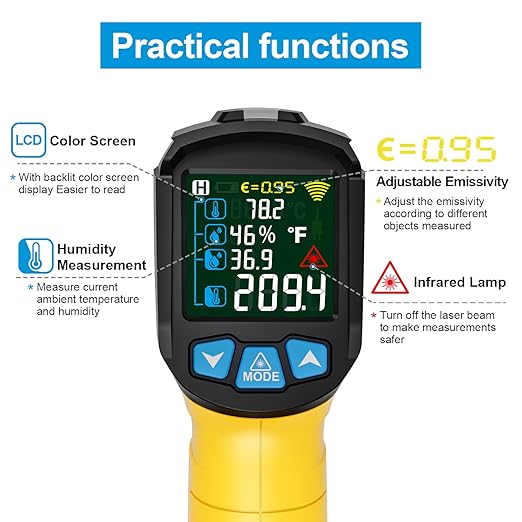 MESTEK Infrared Thermometer Laser Temperature Gun, -58°F to 1472°F (-50~800°C), Non-Contact Digital IR Thermometer Temp Gun Gun with Color LCD for Cooking Pizza Oven, Adjustable Emissivity