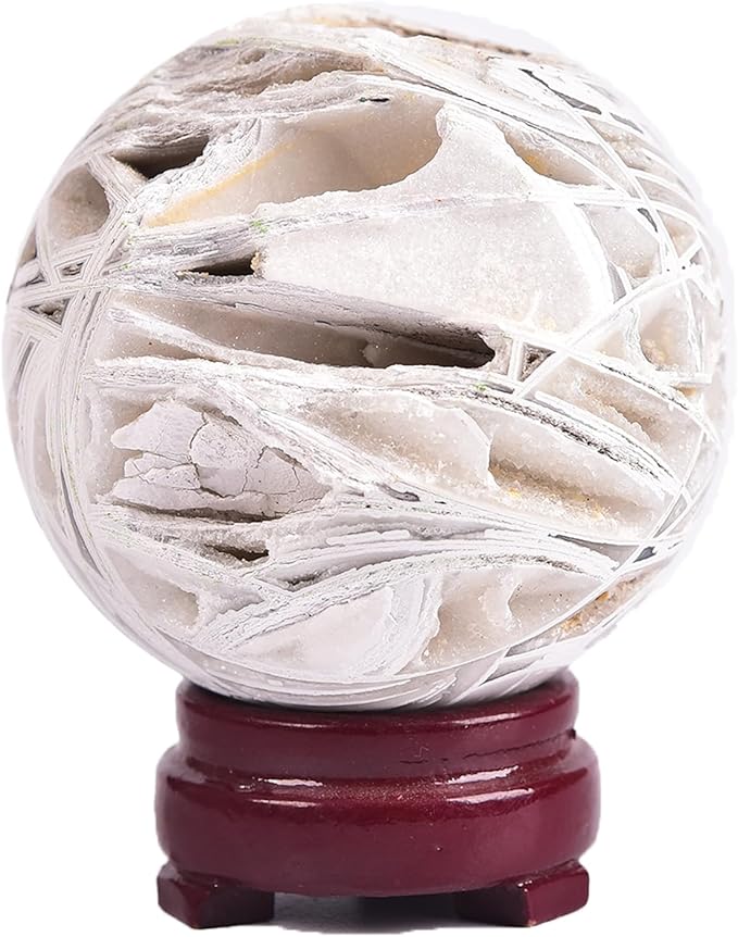 JIC Gem Natural Mexican White Agate Crystal Sphere with Wooden Stand Decorative Crystal Ball White Gemstone Sphere for Meditation,Feng Shui,Witch-Style Decor,Table 70-80mm