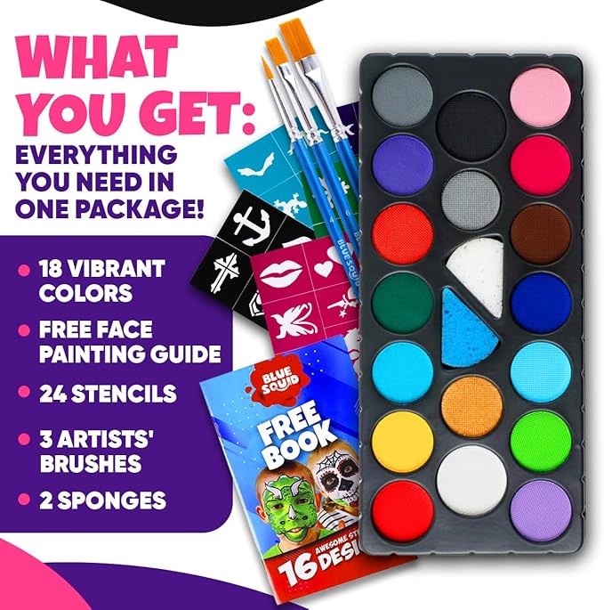 Blue Squid Face Paint Kit & Body Crayon Sticks Bundle - 18-color Face Painting Kit for Kids & 18 XL Crayons & Markers for Skin with 18x Stencils, Brushes, and Design Book, Ideal for Toddlers & Parties