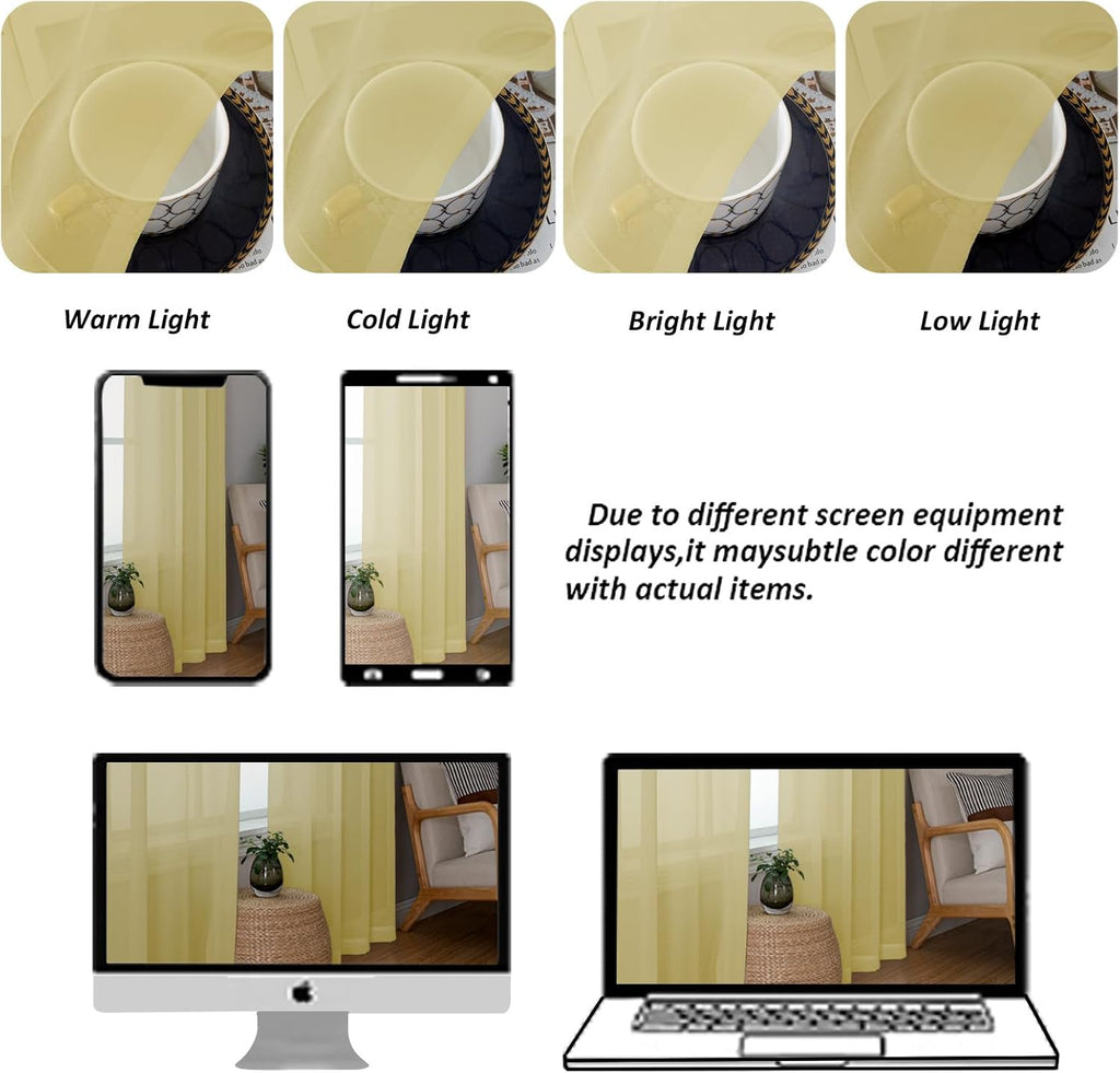 Chyhomenyc Yellow Sheer Curtains 78 Inches Long 2 Panels Set for Living Room, Light Filtering Voile Lightweight Bedroom Curtains, Rod Pocket Solid Window Treatment Drapes, Each 42W x 78L