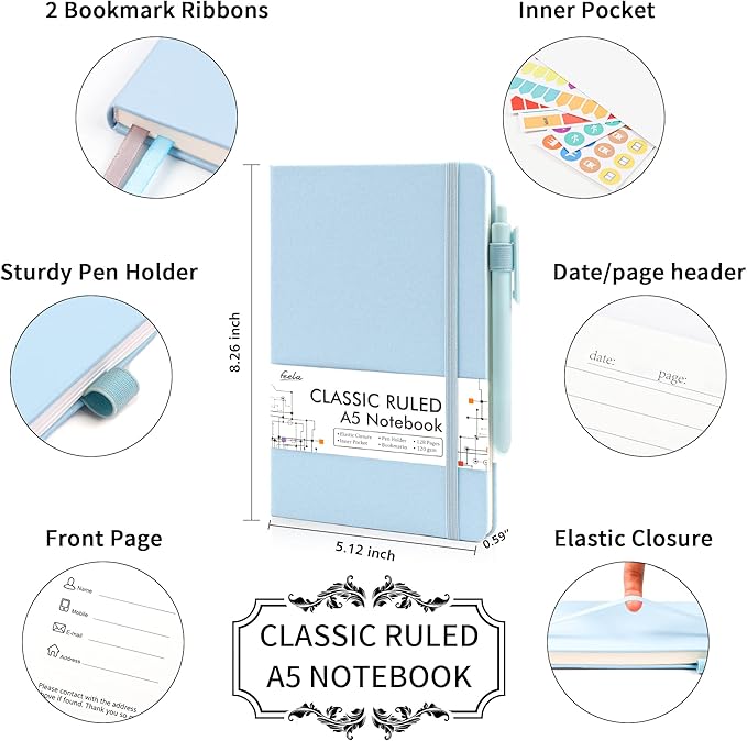 feela 5 Pack Notebooks Journals Bulk, Hardcover Notebook Classic Ruled Lined Journals with Pen Holder for Women Girls School Business Supplies, with 5 Black Pens, 120 GSM, 5.1”x8.3”, A5, Light Blue