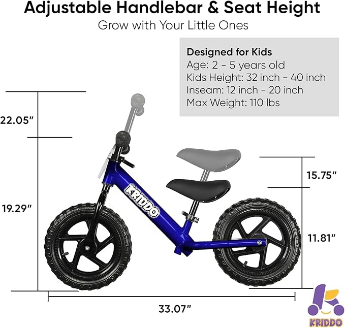 KRIDDO Toddler Balance Bike 2 Year Old, Age 18 Months to 5 Years Old, 12 Inch Push Bicycle with Customize Plate (3 Sets of Stickers Included), Steady Balancing, Gift Bike for 2-3 Boys Girls, Blue