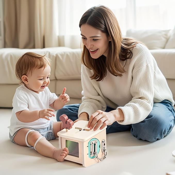Wooden Lock Box STEM Learning Toys for Kids - Montessori Puzzle Cube with 3 Types of Locks (Hook/Chain/Sliding Bolt), Shape Sorting - Early Educational Fine Motor Skills for Boys & Girls