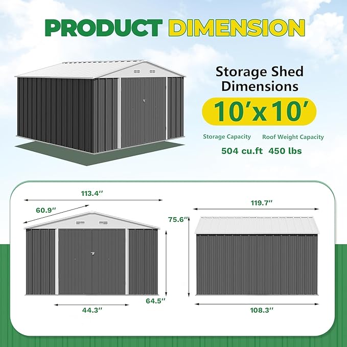 Devoko 10 x 10 FT Outdoor Storage Shed, Metal Garden Sheds & Outdoor Storage Clearance, Large Tool Shed Outdoor with Single Lockable Door for Patio Lawn Backyard (Gray)