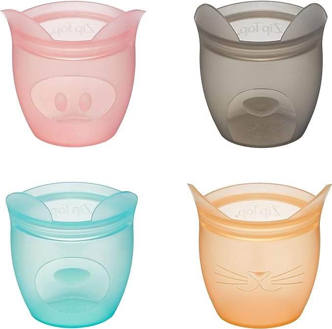 Zip Top Reusable 100% Silicone Baby + Kid Snack Containers- The only containers That Stand up, Stay Open and Zip Shut! No Lids! Made in The USA - Full Set of 4