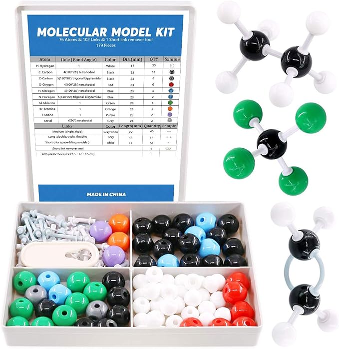 Swpeet 179 Pcs Organic Chemistry Molecular Model Student and Teacher Kit, Chemistry Molecular Model Student and Teacher Set - 76 Atoms & 102 Links & 1 Short Link Remover Tool