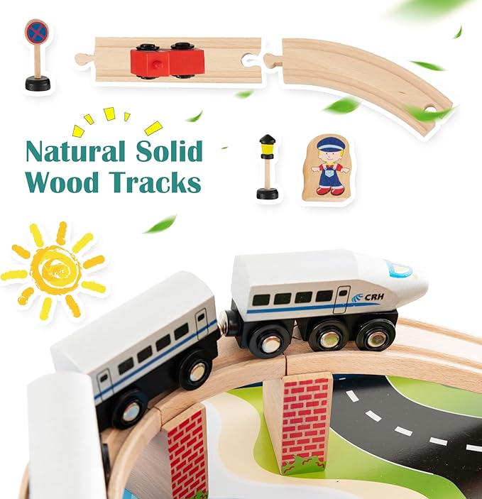 GLACER 80-Piece Train Table, Large Multipurpose Wooden Toy Activity Table Playset with Reversible Detachable Tabletop, Railway Tracks, Trains, Cars, DIY Design, Gift for Boys Girls Age 3+, Multi-Color