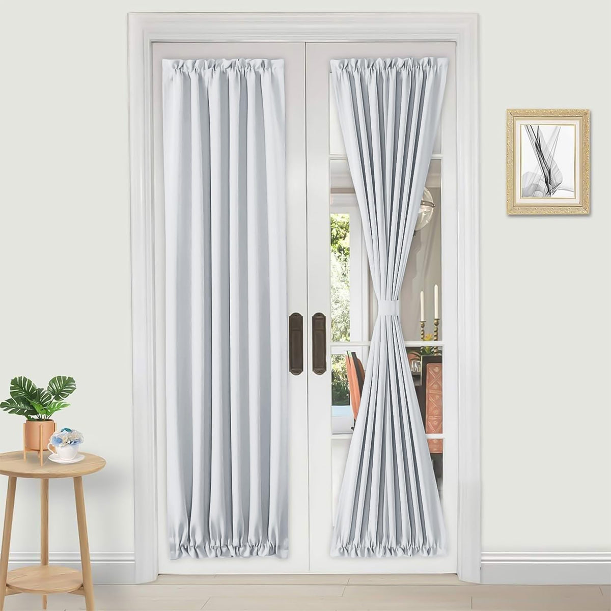 DWCN French Door Curtains – Rod Pocket Thermal Curtain for Doors with Glass Window, Kitchen and Patio Doors for Privacy, 23 X 72 Inches Long, 1 Curtain Panel with Tieback, Greyish White