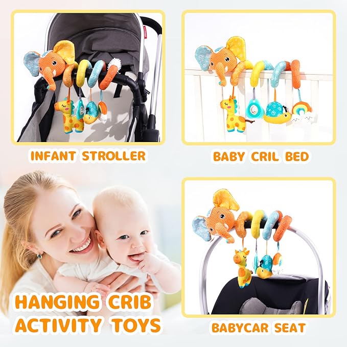 Koty Car Seat Toys, Spiral Car Seat Toy for Infant, Baby Stroller Toys Hanging Crib Activity Toy for CarSeat Crib Bed Stroller, Elephant Hanging Rattle Gifts for Babies 0-6 Months (Orange Elephant)
