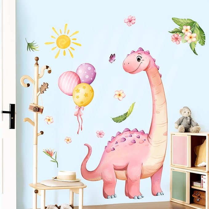 Large Pink Dinosaur Wall Decals Cartoon Dino Balloon Flower Wall Stickers Peel and Stick Wall Art Decor for Girls Baby Nursery Kids Bedroom Playroom Classroom Toddlers Wall Decor
