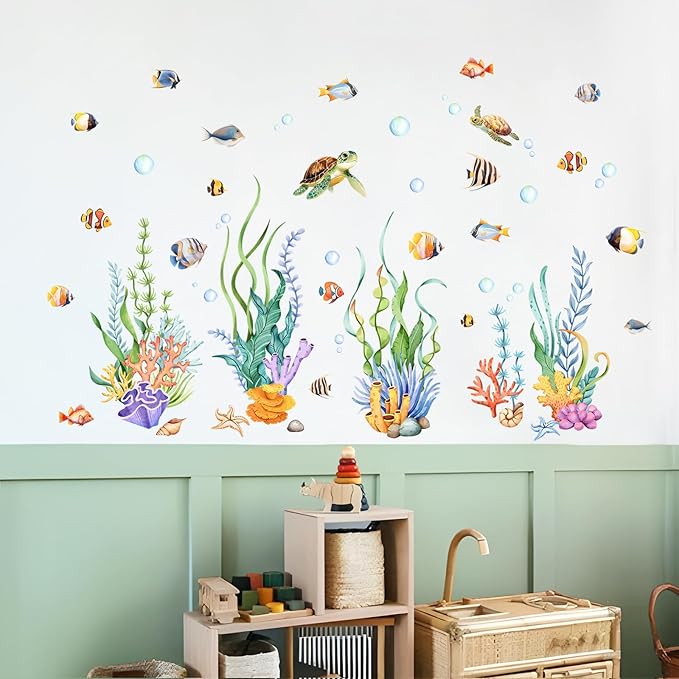 Supzone Under The Sea Wall Decals, Seaweed Grass Ocean Fish Sea Turtle Underwater Wall Stickers Vinyl Decor for Baby Boys Kids Nursery Bedroom Bathroom Classroom Playroom