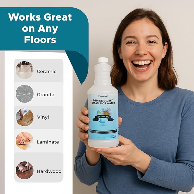 Steam & Go Demineralized Water - Multisurface Cleaner, PVC-Free Ready-to-Use for Mops & Floor Steamers - Ideal for Kitchen, Bathroom, & Home Surfaces - Clean Ocean Scent - 32oz (Pack of 18)