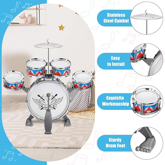 Toddler Drum Set Kids Jazz Drum Kit with Stool Musical Instruments Toys Birthday Chirstmas Easter Gifts for Boys Girls Aged 3 4 5 Year Old
