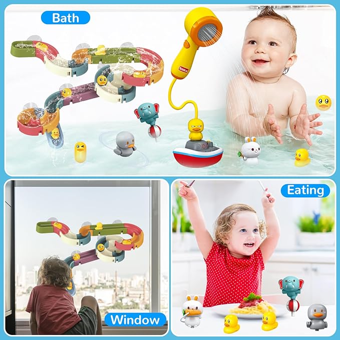 Mostop Toddler Bath Toys for Kids 4-8, Wall Track Buiding Set - Baby Bathtub Toys with Shower Head - Duck Slide Bath Toys - Fun DIY Wall Track Building Set Bathtub Birthday Gift for Boys Girls