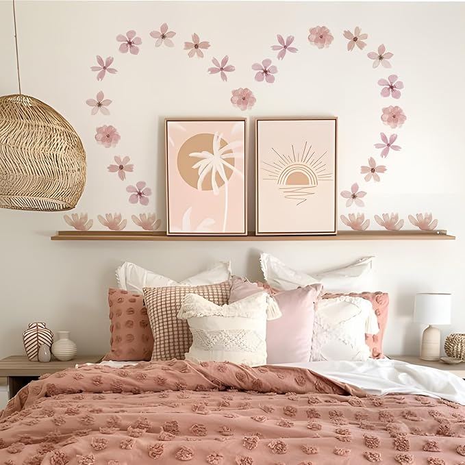 YouRfocus Daisy Wall Decals | 72 PCS Boho Flower Stickers for Girls' Rooms, Playrooms, and Nurseries | Dual Layer Print for High Coverage | Removable Peel and Stick Wall Decor (Pink-A) | 12 Sheets