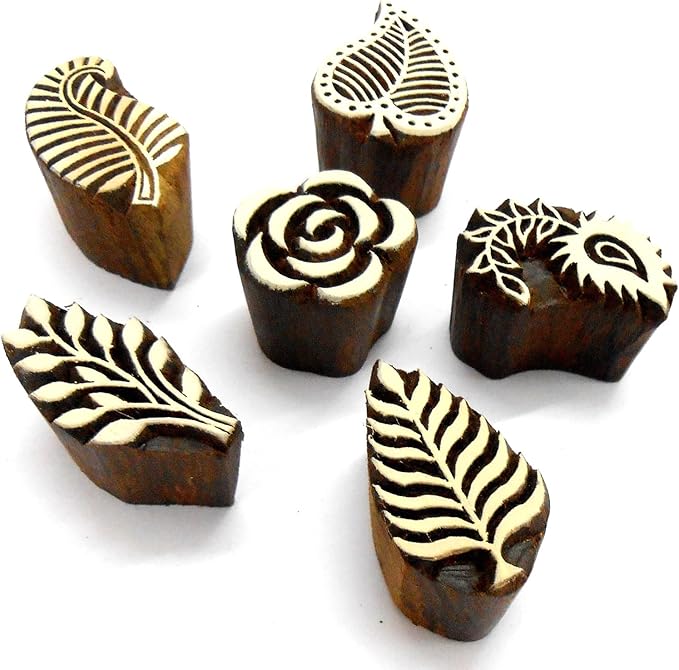 Craftsofindia® Flowers and Leaf Wooden Blocks Stamps for Printing on Textiles, Pottery Crafts,Henna, Scrapbooking (Set of 6)