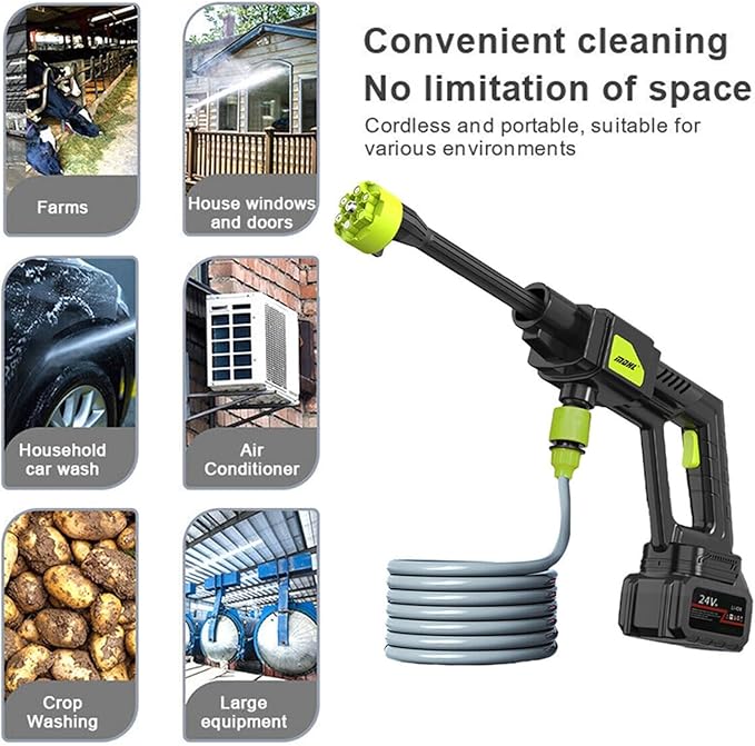 24V Cordless High Pressure Washer,Portable Power Washer with Rechargeable Battery 6-in-1 Nozzle,Handheld High-Pressure Car Washer Gun,2 Batteries,12M Long Range,Suitable for Car Washing,Farm Cleaning