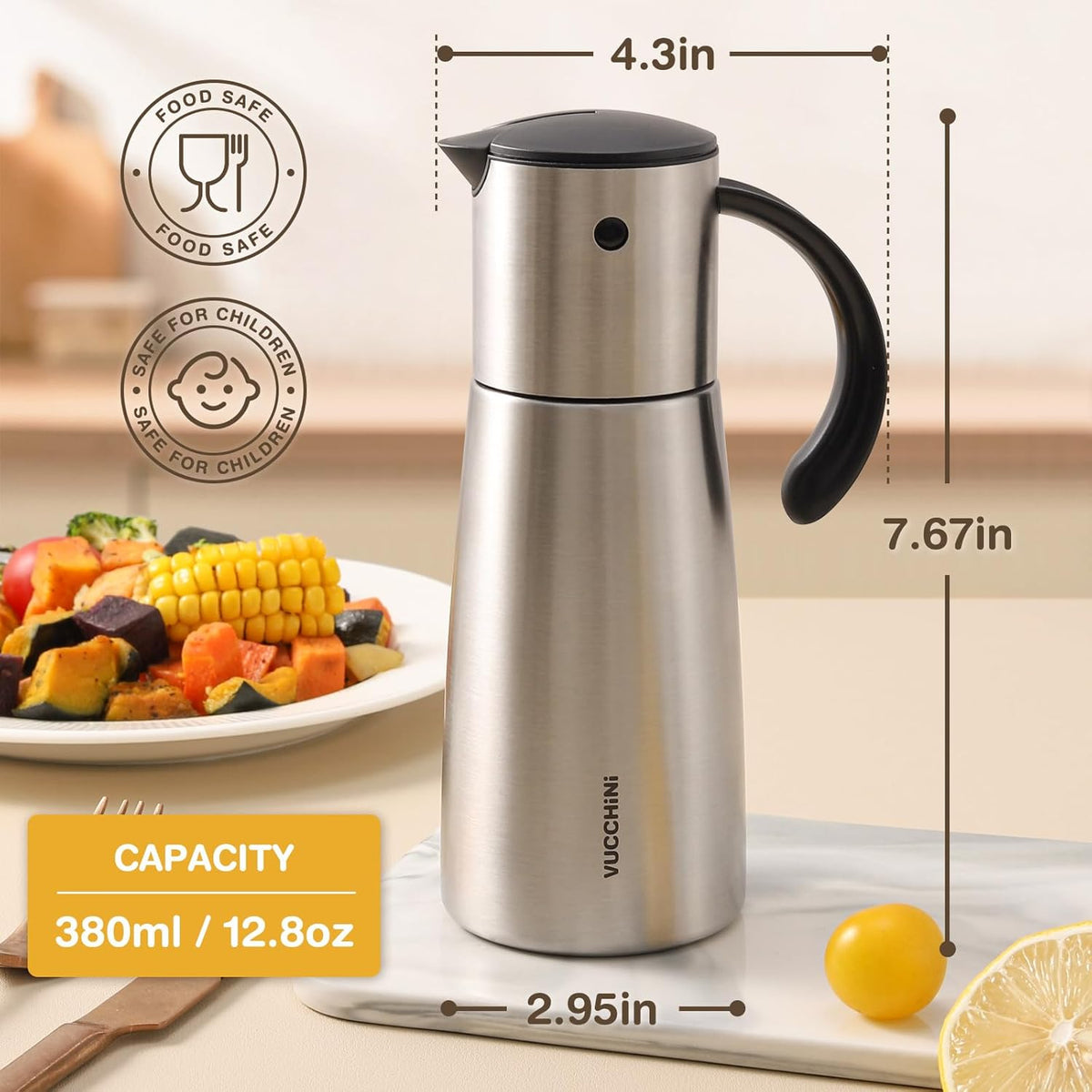 Vucchini Oil Dispenser Bottle Stainless Steel-Auto Flip Kitchen Oil and Vinegar Dispenser Set With Automatic Cap and Stopper - 12.8 oz Non-drip Spout Cruet Bottle