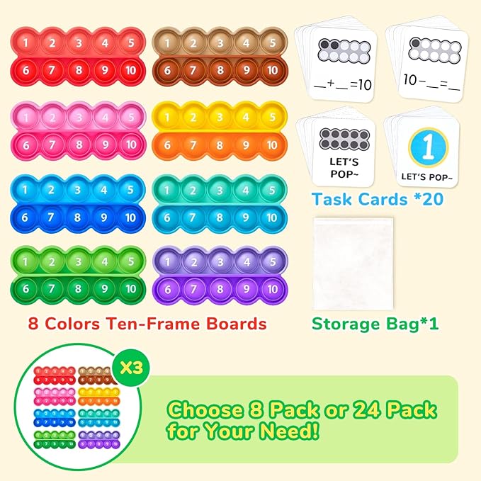 Joycat Ten-Frame Math Learning Tools for Elementary-8 Ten Frames and 20 Task Cards Math Counting Games with for Preschool Kindergarten Classroom Learning Activities Kids Ages 3-5
