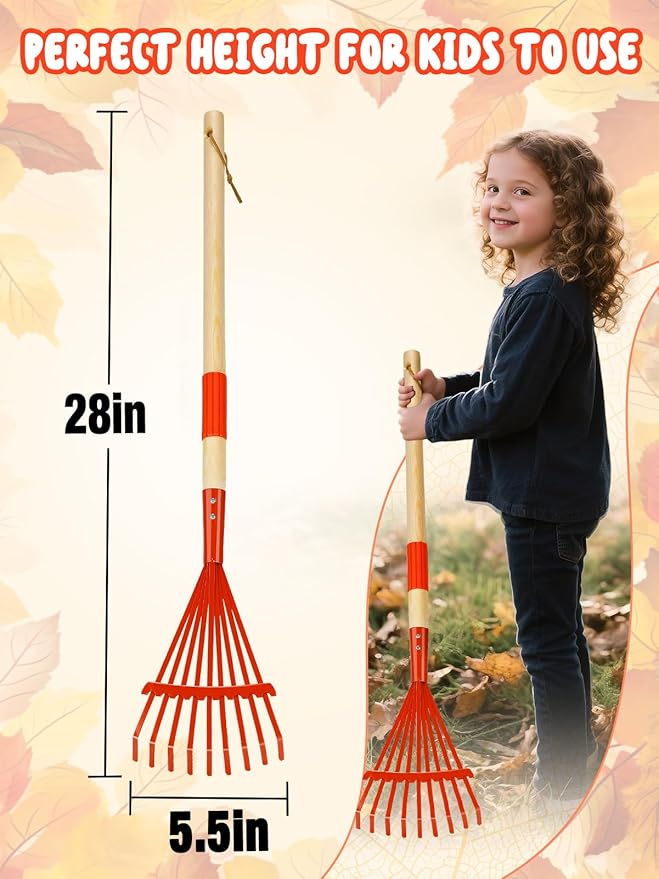 Kids Friendly Rakes for Leaves - 28" Child Size Small Rake with Durable Metal Head & Hardwood Handle, Real Lawn Garden Yard Tools for 3+ Years Kids Enjoy Helping Work Gifts (Red)