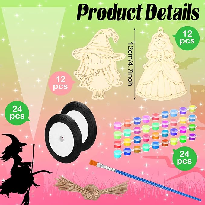 VioraWhite 24 Set Paint Your Own Witch Princess Party Favors Pink and Green Party Supplies Witch Hats Princess Crowns DIY Wood Painting Craft Kit Color Your Own Arts Crafts Kit for Birthday Gift