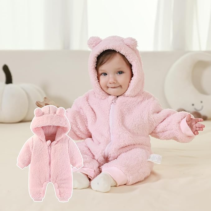 Newborn Baby Bear Outfit Suit Girls Boys Fleece Jumpsuit Romper Hooded Winter Snowsuit Clothes