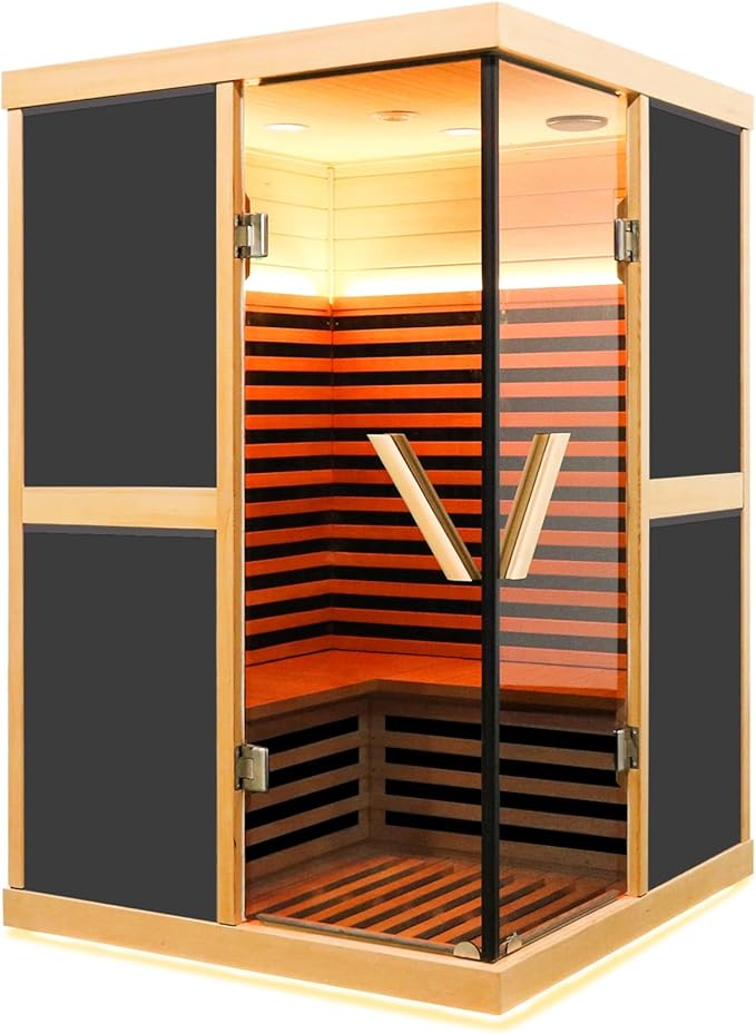 Far Infrared Sauna for Home 2 Person Saunas for Home Indoor Sauna 1980W Hemlock Wood Sauna Room 2-Person Infrared Sauna with LCD Control Panel and Tempered Glass Doors Dry Sauna 47.2*47.2*75.6 Inches