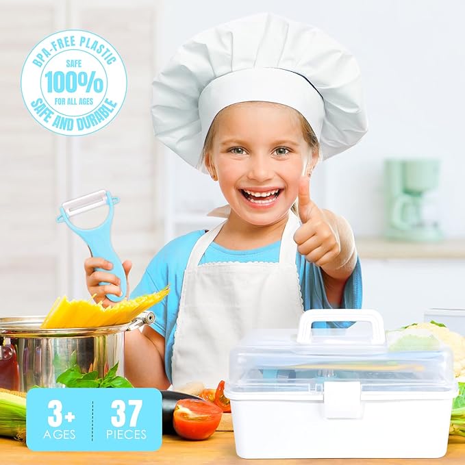 37PCS Kids Cooking Sets Real, Kids Cooking and Baking Gift Set with Storage Case Timer Kid Safe Knives Cutting Board, Toddler Real Kitchen Accessories, Birthday Gifts for Girls Boys Age 4 - 8