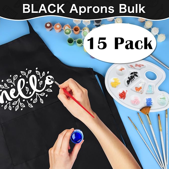 PLULON 4 Pcs Kids Apron with Pocket Adjustable Kids Chef Apron Set for Painting Cooking Baking Grilling Crafting (Black)