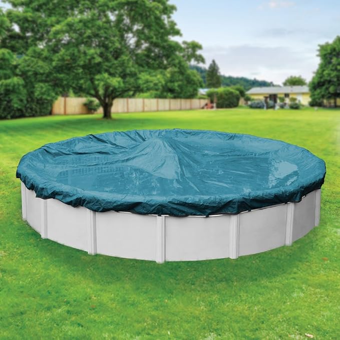 Robelle 28 ft Extra Heavy Duty Blue Winter Pool Cover for Above Ground Pools, 4 ft Overlap (32 ft Cover Size), Solid 10 x 10 Scrim, 2.91 oz/yd2, 12-Year Warranty, Style: 5828-4ROB