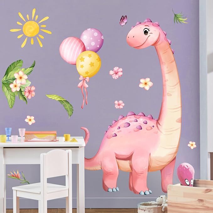 Large Pink Dinosaur Wall Decals Cartoon Dino Balloon Flower Wall Stickers Peel and Stick Wall Art Decor for Girls Baby Nursery Kids Bedroom Playroom Classroom Toddlers Wall Decor