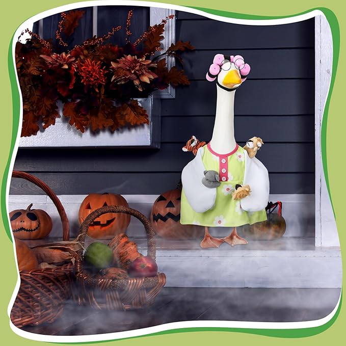 Suzile Funny Lady Porch Goose Outfit for 23'' Cement Goose Curler Wig Costume Glasses with Cute Animals for Halloween Christmas Parties Yard Lawn Outdoor Garden Patio Statue Xmas Santa Holiday Decor