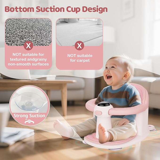 Baby Bath Seat-for Babies 6 Months & up, Water Temperature Display+Soft Cushion, Non-Slip Toddler Bath Seat for Baby, Sit Up Bath Seat for Baby, Pink