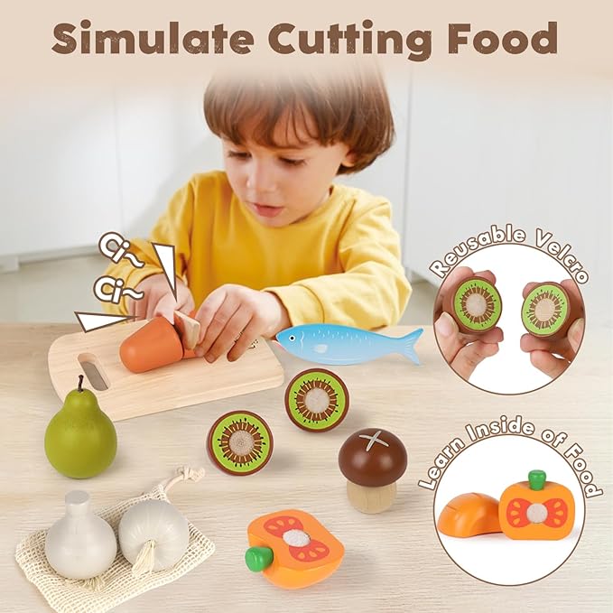 Lehoo Castle Wooden Play Food Sets for Kids Kitchen, Food Toys for Toddlers 3+ Year Old, Pretend Food Play Kitchen Accessories, Cutting Fruits Vegetables Toys, Gift for Boys Girls